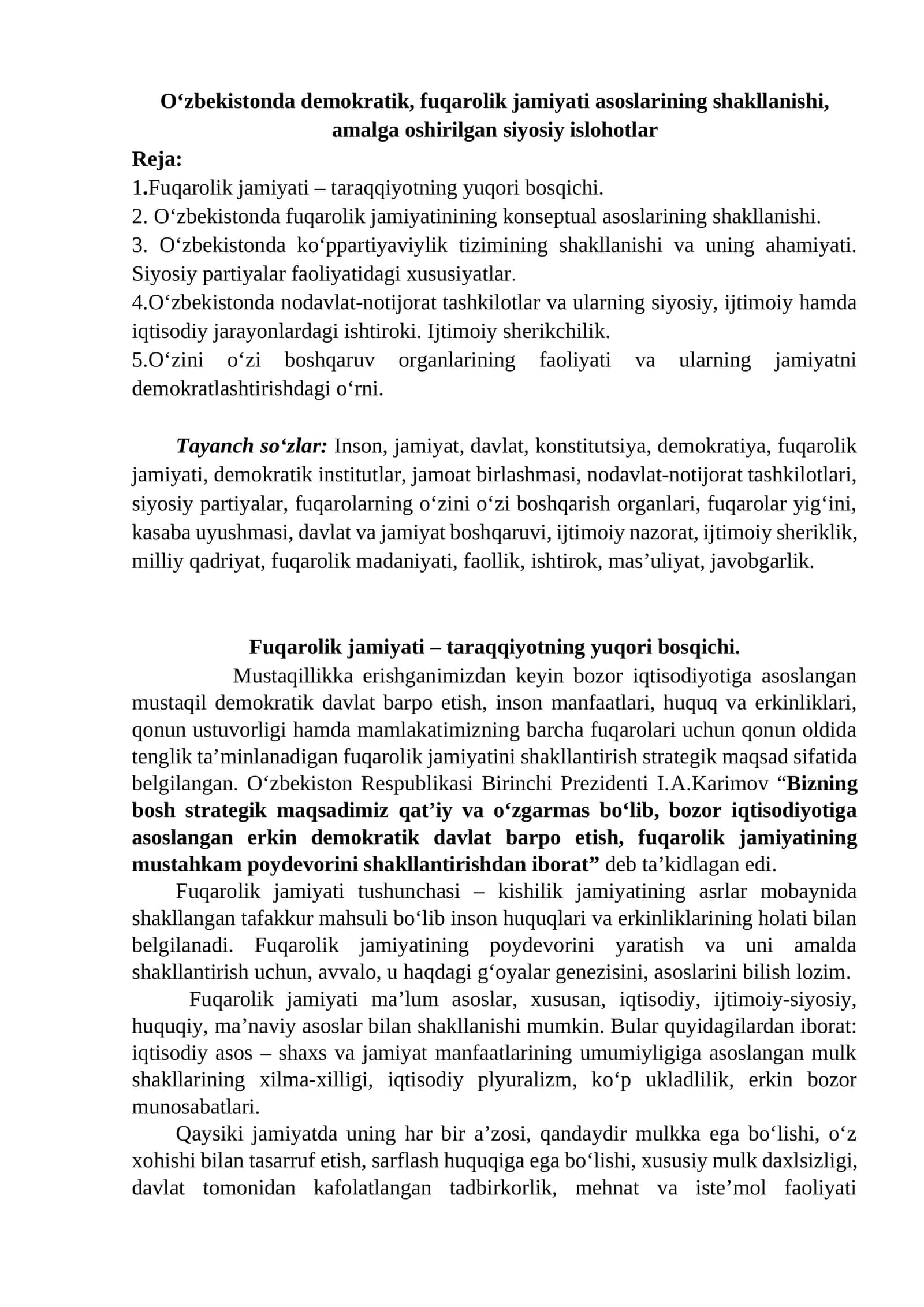 O‘zbekistonda demokratik, fuqarolik jamiyati asoslarining shakllanishi, amalga oshirilgan siyosiy islohotlar