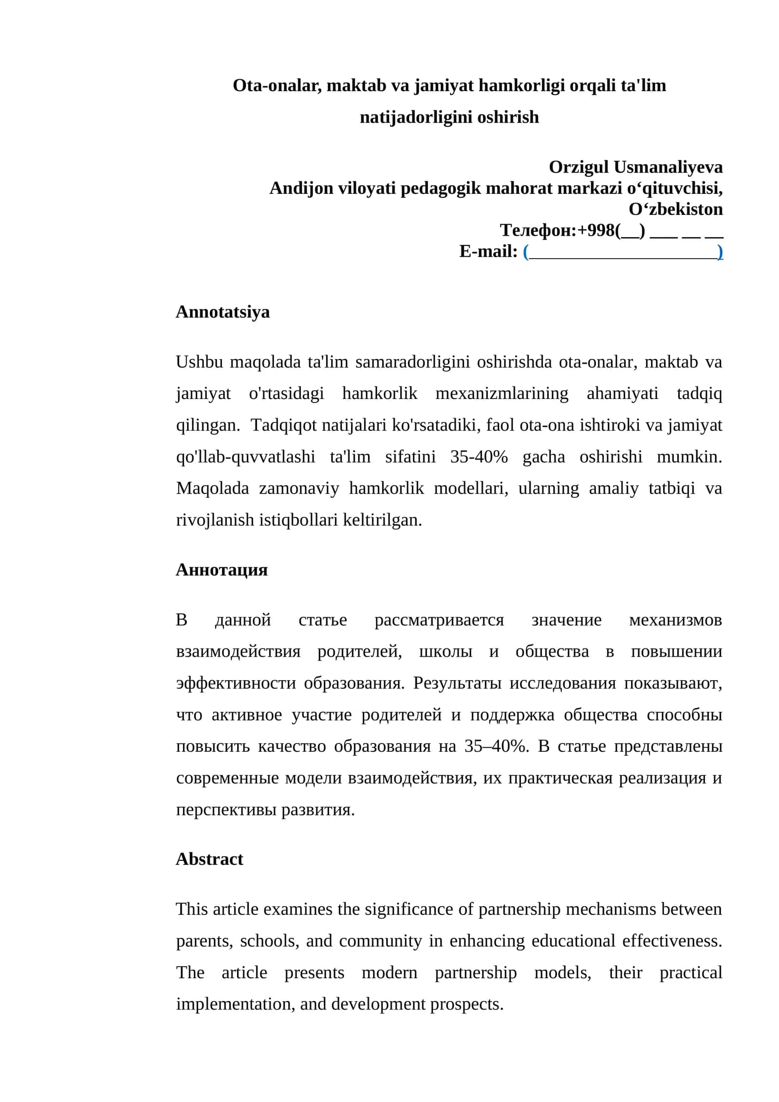Ota-onalar, maktab va jamiyat hamkorligi orqali ta'lim natijadorligini oshirish