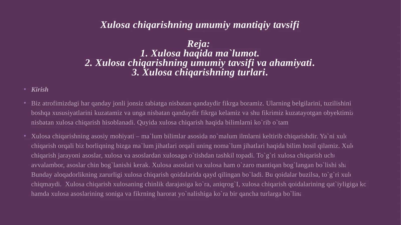 Xulosa chiqarishning umumiy mantiqiy tavsifi