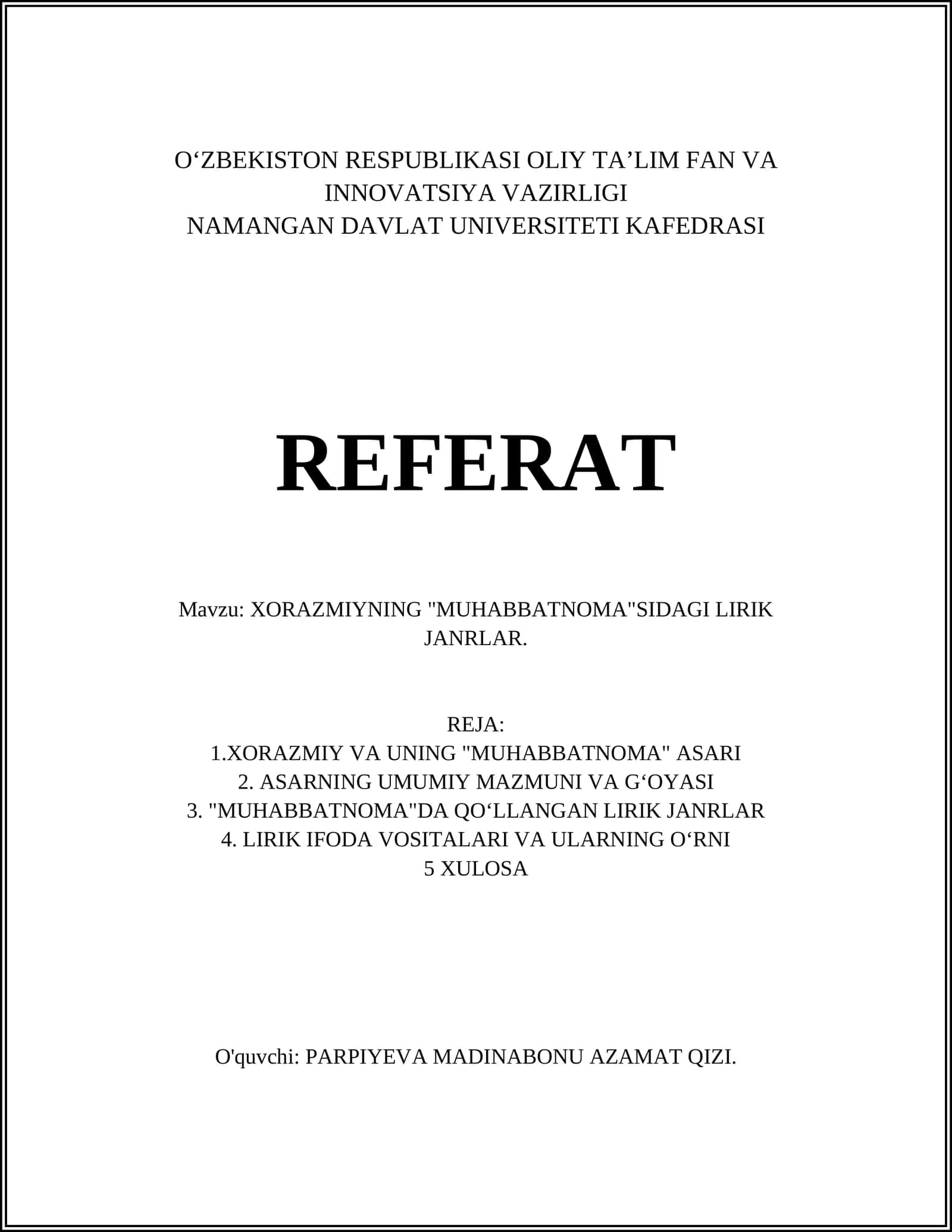 XORAZMIYNING "MUHABBATNOMA"SIDAGI LIRIK JANRLAR