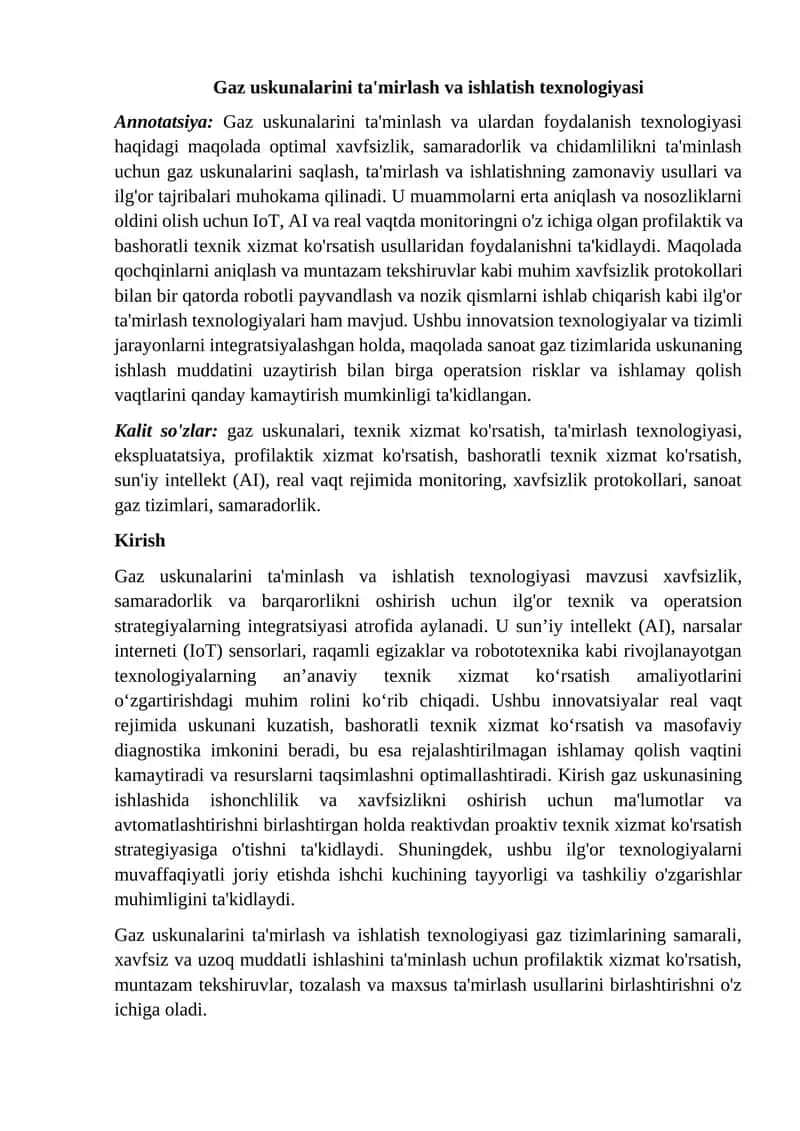 Gaz uskunalarini ta'mirlash va ishlatish texnologiyasi