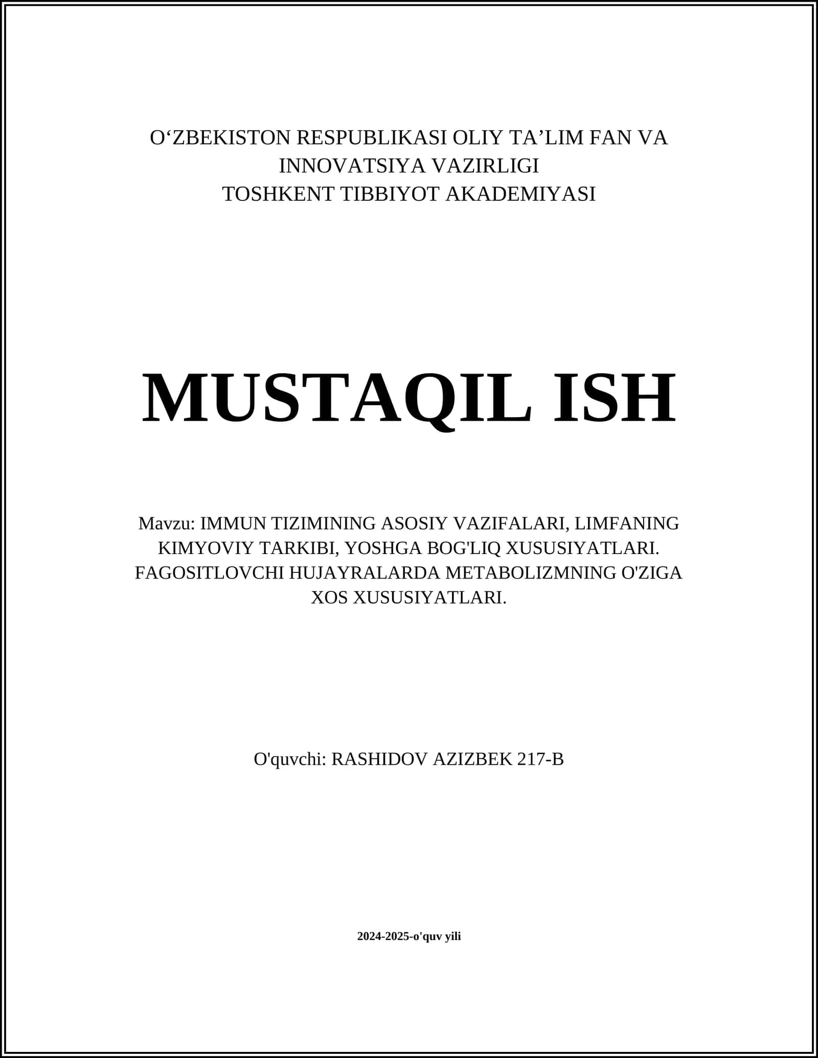 IMMUN TIZIMINING ASOSIY VAZIFALARI