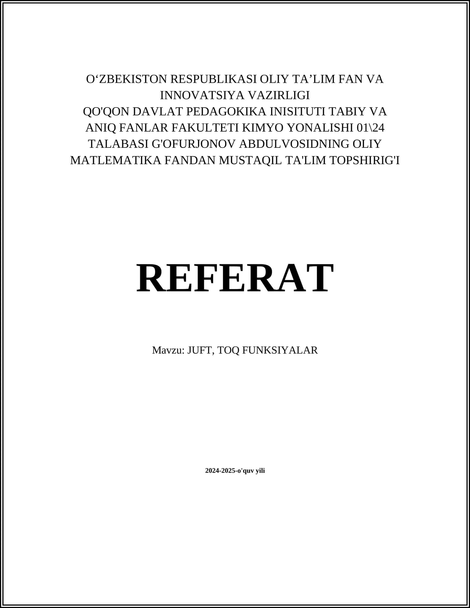 JUFT, TOQ FUNKSIYALAR
