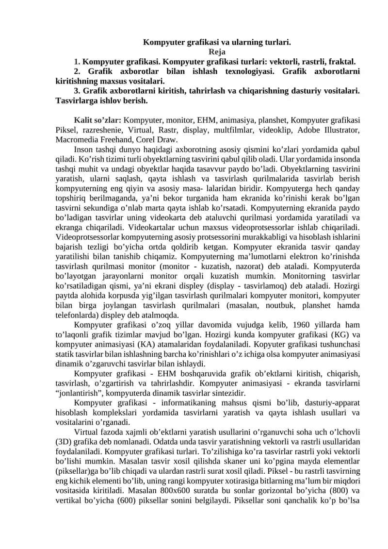 Kompyuter grafikasi va ularning turlari