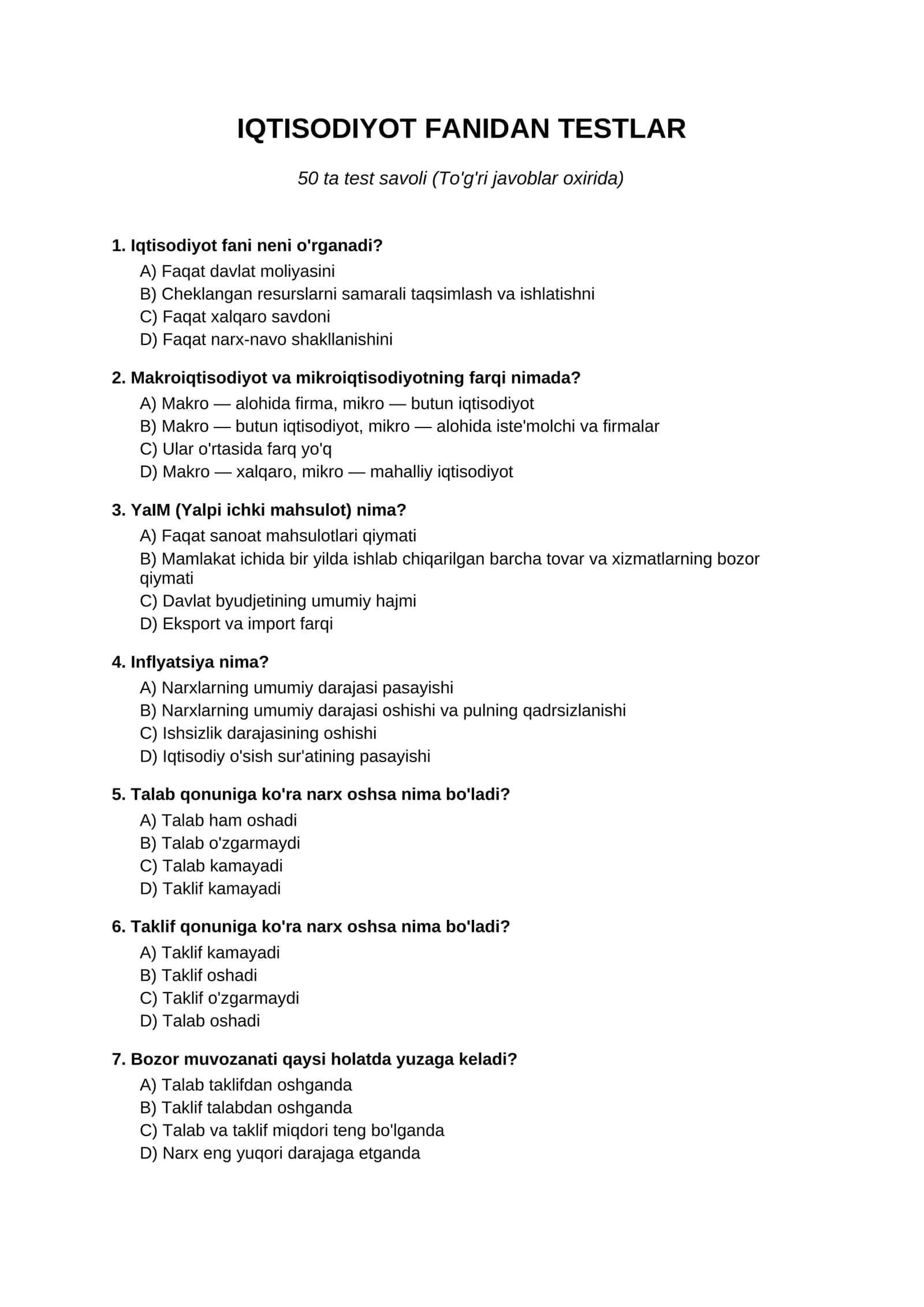 IQTISODIYOT FANIDAN TESTLAR