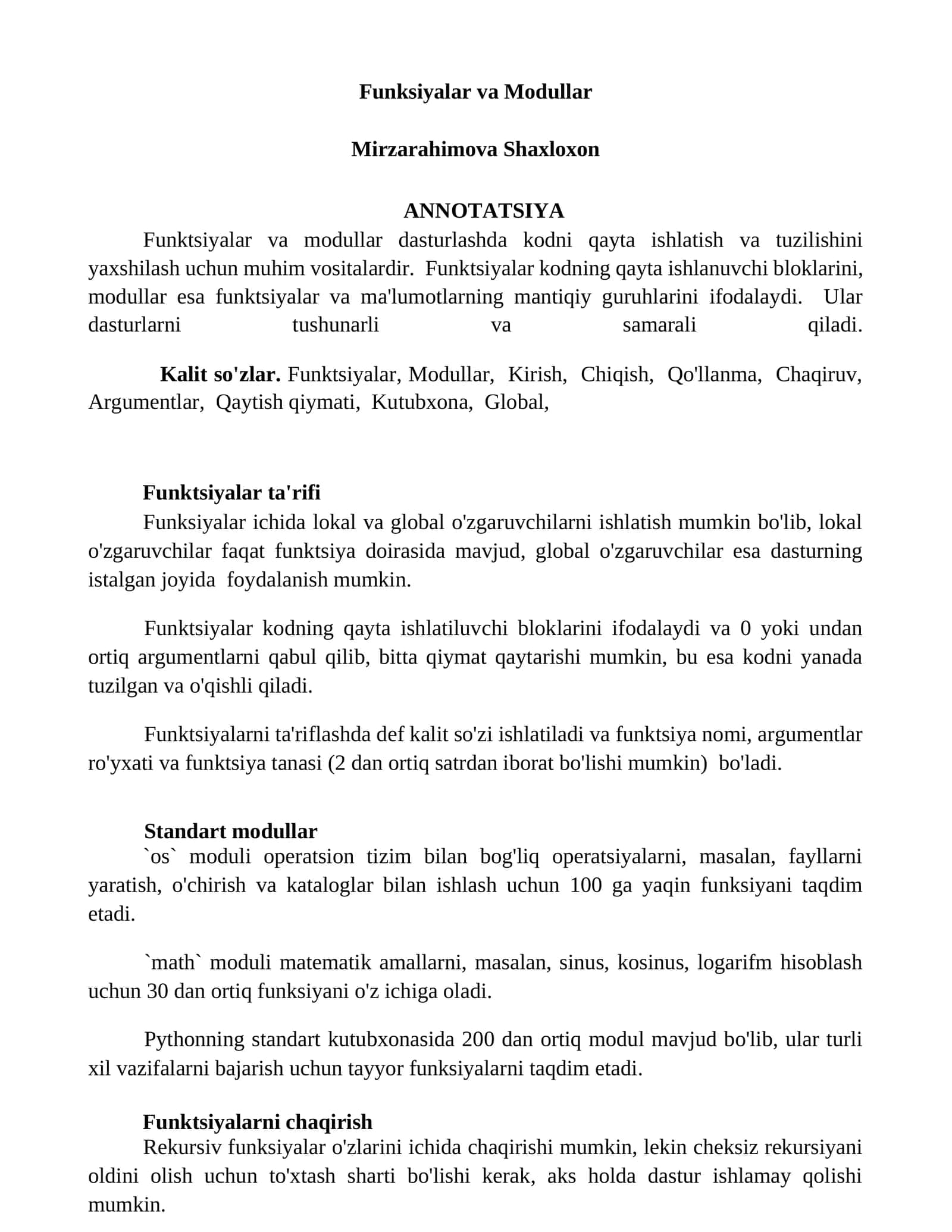 Funktsiyalar va Modullar