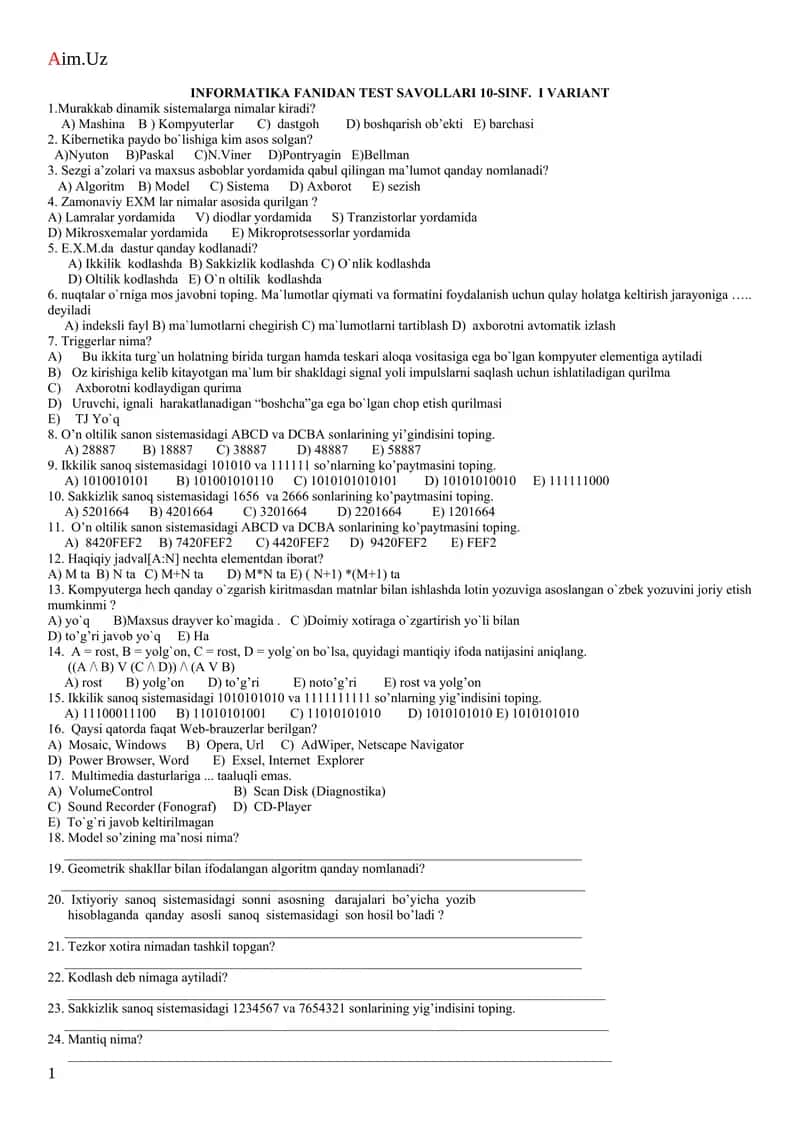 INFORMATIKA FANIDAN TEST SAVOLLARI 10-SINF. I VARIANT