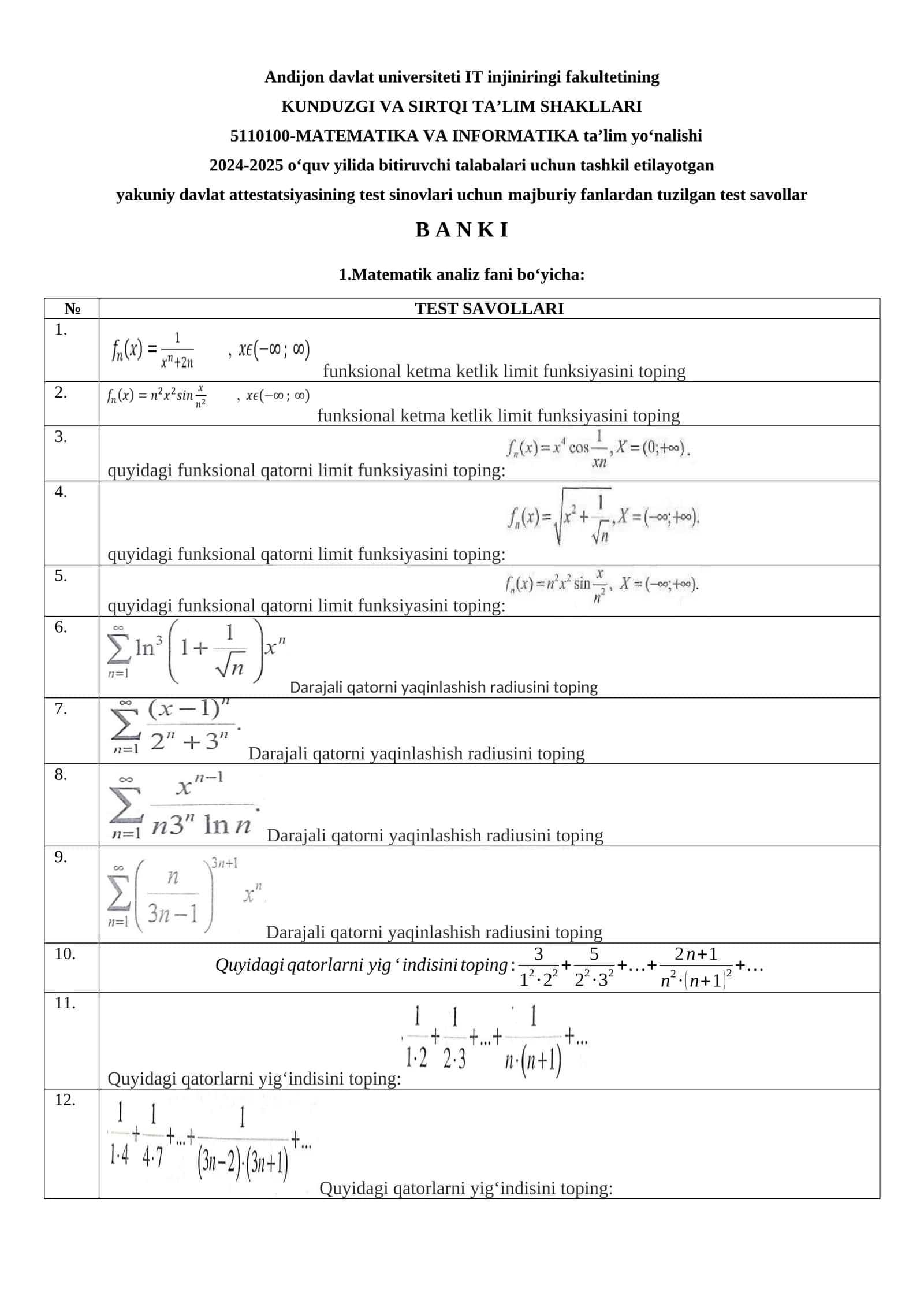5110100-MATEMATIKA VA INFORMATIKA ta’lim yo‘nalishi 2024-2025 o‘quv yilida bitiruvchi talabalari uchun tashkil etilayotgan yakuniy davlat attestatsiyasining test sinovlari uchun majburiy fanlardan tuzilgan test savollar B A N K I