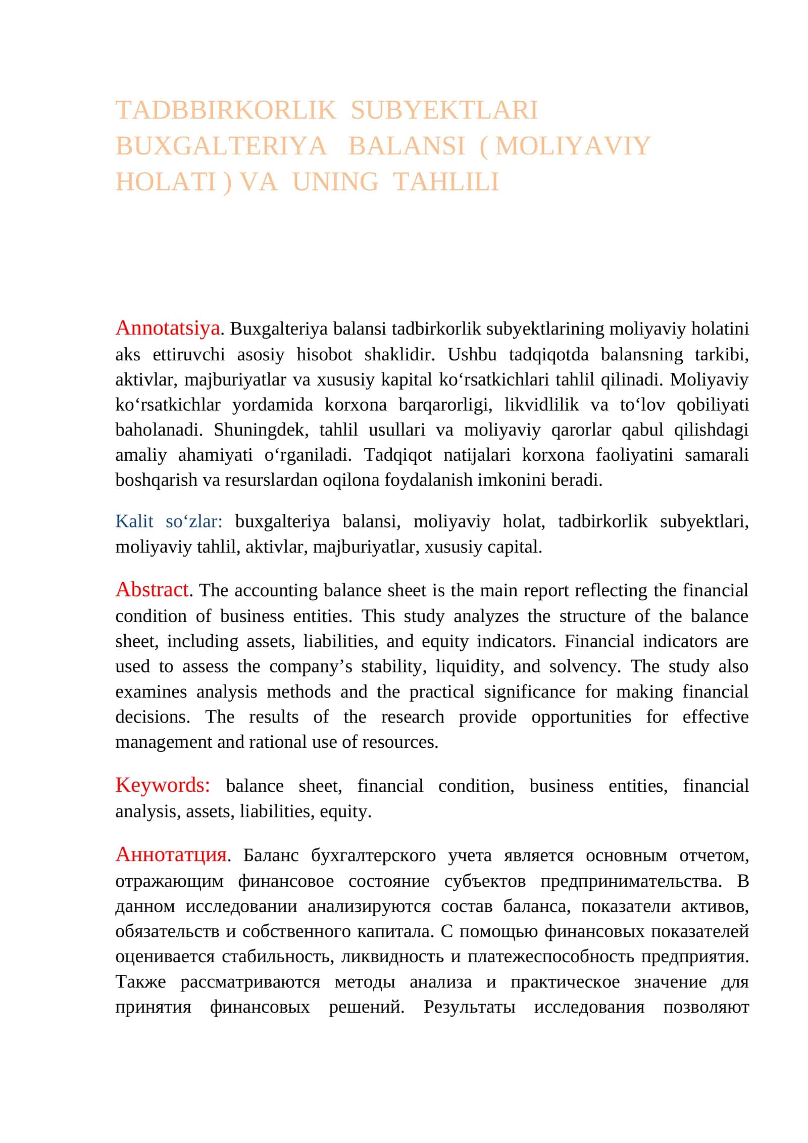 TADBBIRKORLIK SUBYEKTLARI BUXGALTERIYA BALANSI ( MOLIYAVIY HOLATI ) VA UNING TAHLILI