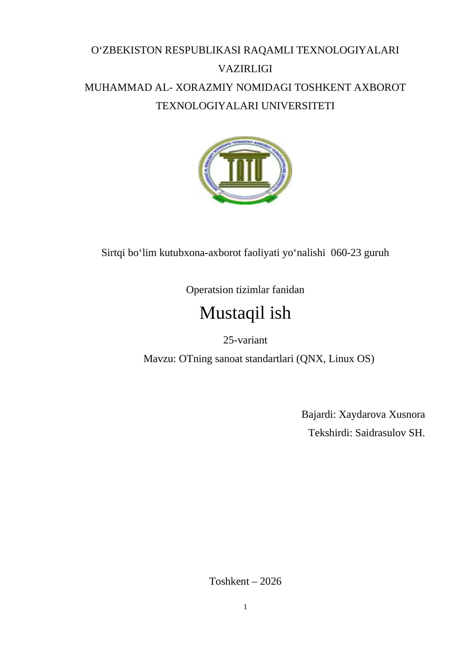 OTning sanoat standartlari (QNX, Linux OS)