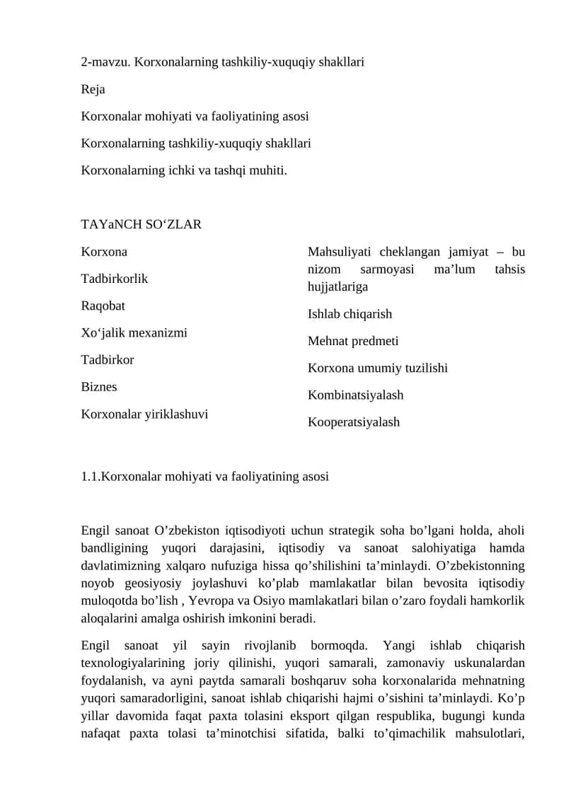 Korxonalarning tashkiliy-xuquqiy shakllari