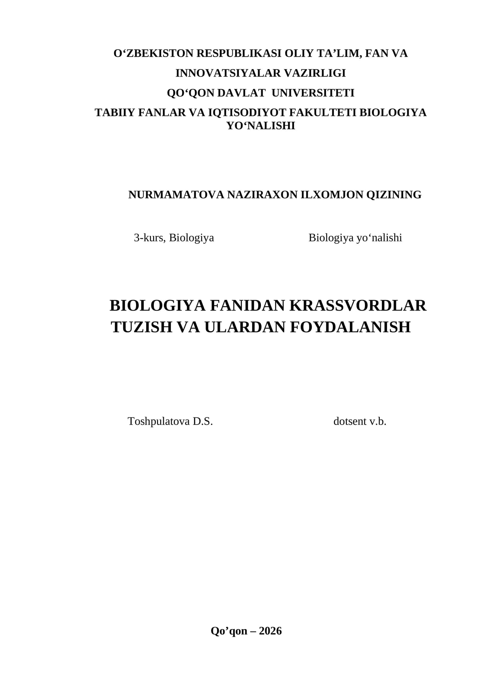 BIOLOGIYA FANIDAN KRASSVORDLAR TUZISH VA ULARDAN FOYDALANISH