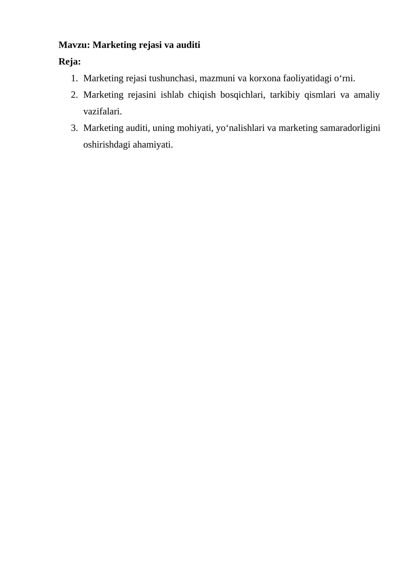 Marketing rejasi va auditi