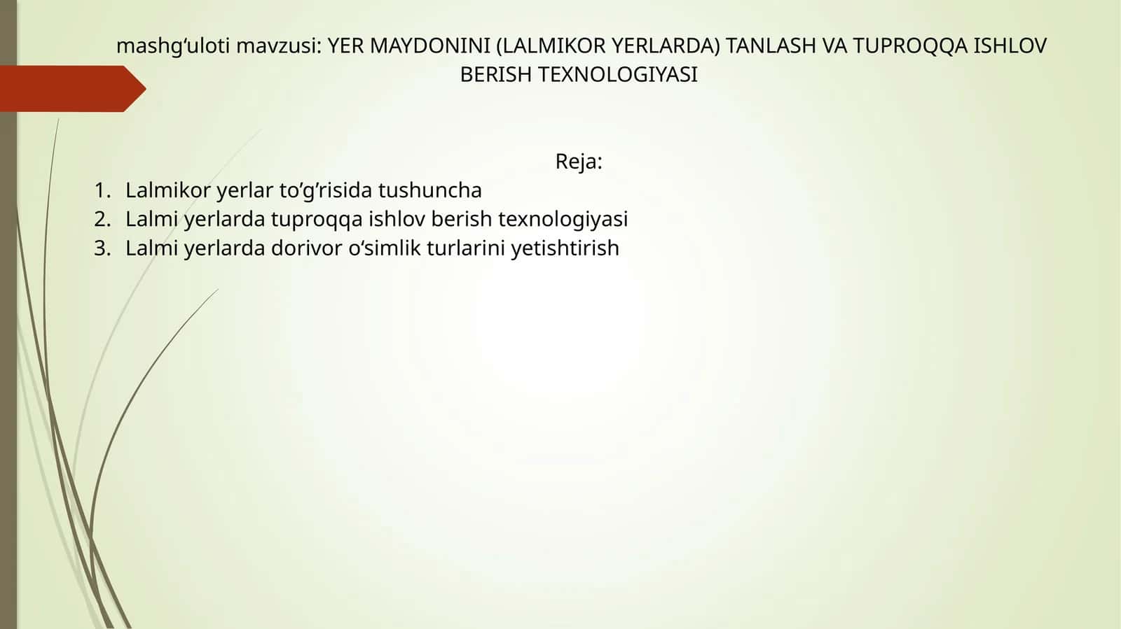 YER MAYDONINI (LALMIKOR YERLARDA) TANLASH VA TUPROQQA ISHLOV BERISH TEXNOLOGIYASI