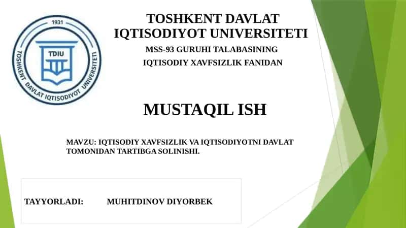 IQTISODIY XAVFSIZLIK VA IQTISODIYOTNI DAVLAT TOMONIDAN TARTIBGA SOLINISHI