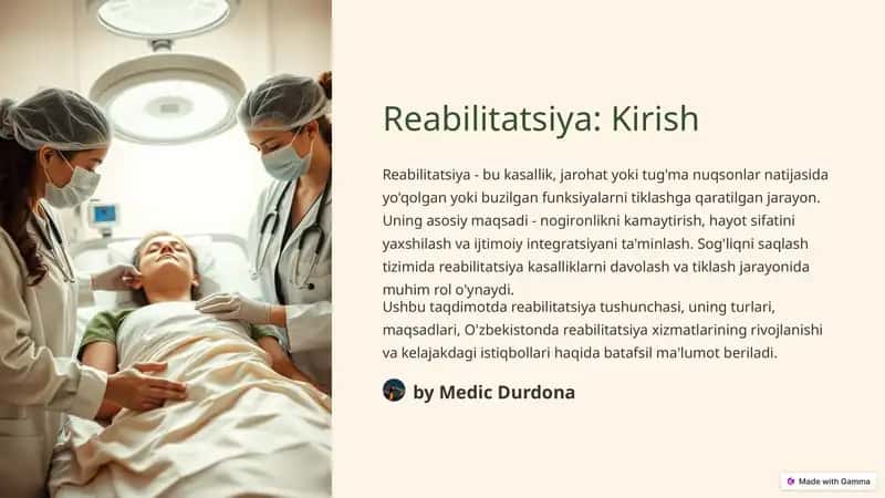 Reabilitatsiya - bu kasallik, jarohat yoki tug'ma nuqsonlar natijasida yo'qolgan yoki buzilgan funksiyalarni tiklashga qaratilgan jarayon.