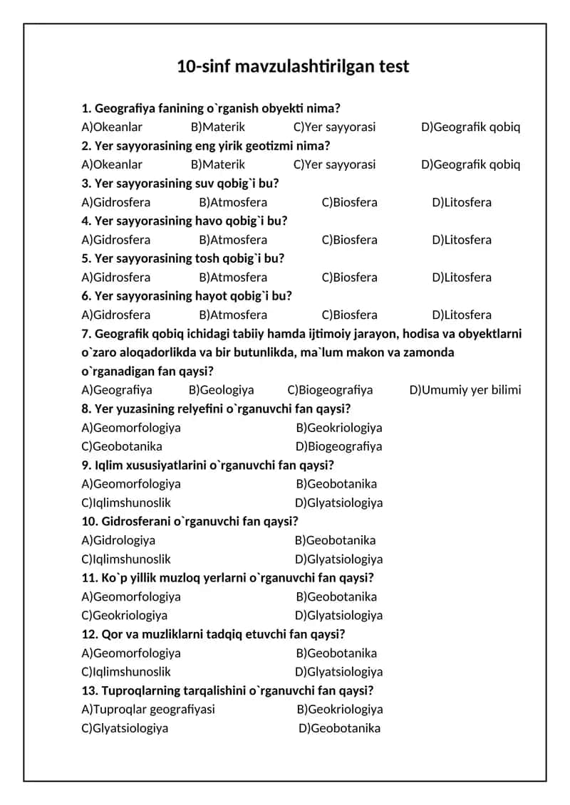 10-sinf. Geografiya mavzulashtirilgan test.