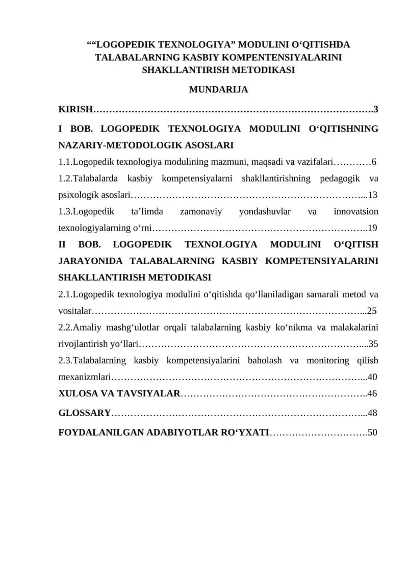 ““LOGOPEDIK TEXNOLOGIYA” MODULINI O‘QITISHDA TALABALARNING KASBIY KOMPENTENSIYALARINI SHAKLLANTIRISH METODIKASI