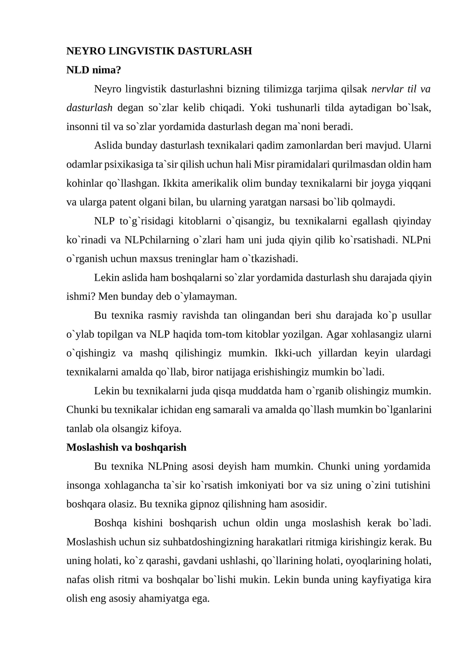 NEYRO LINGVISTIK DASTURLASH