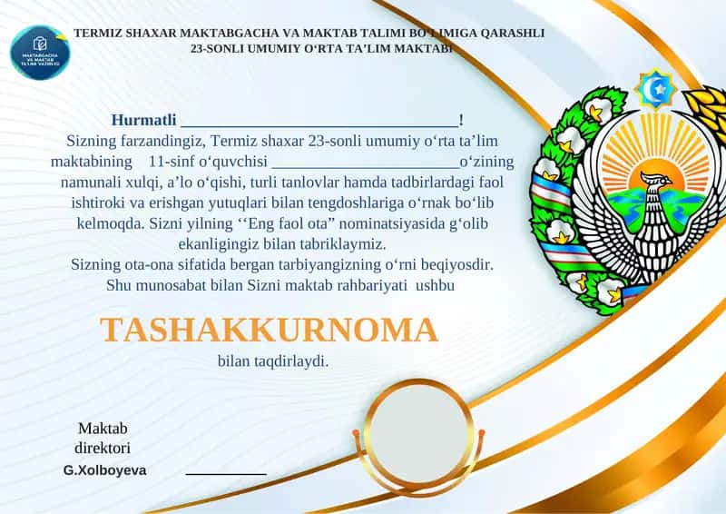 Tashakkurnoma o'quvchining otasiga