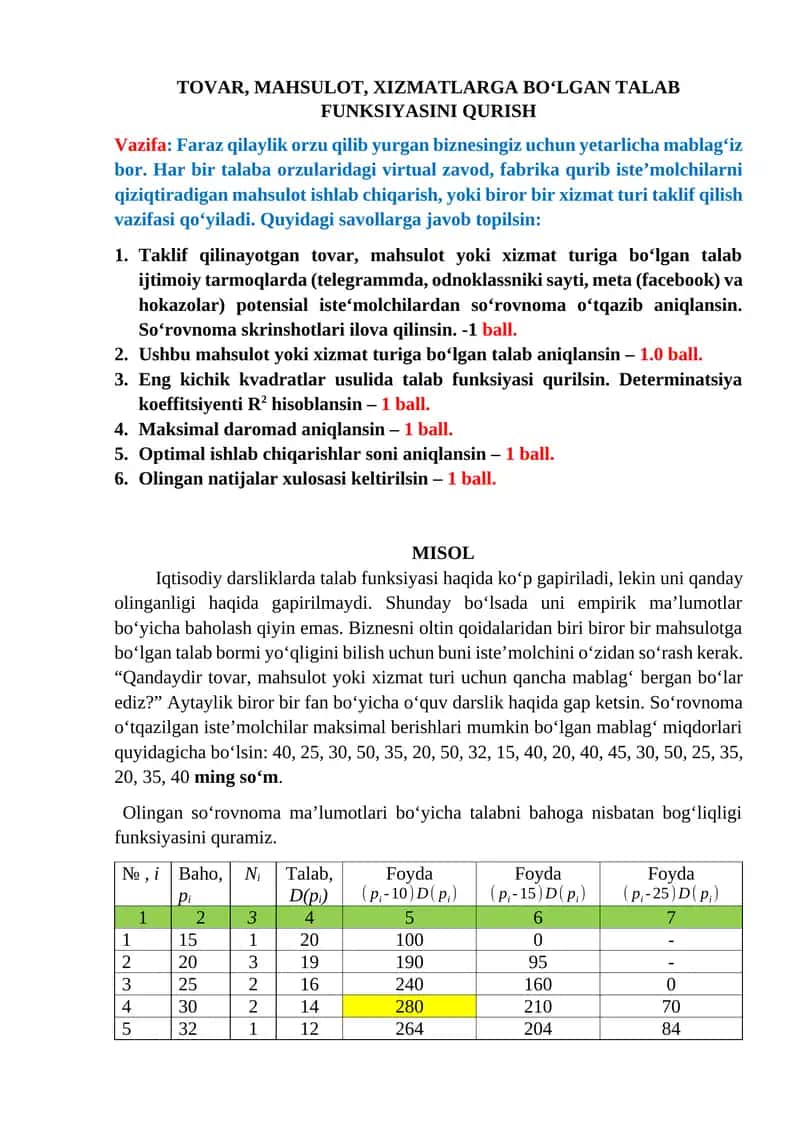 TOVAR, MAHSULOT, XIZMATLARGA BOʻLGAN TALAB FUNKSIYASINI QURISH