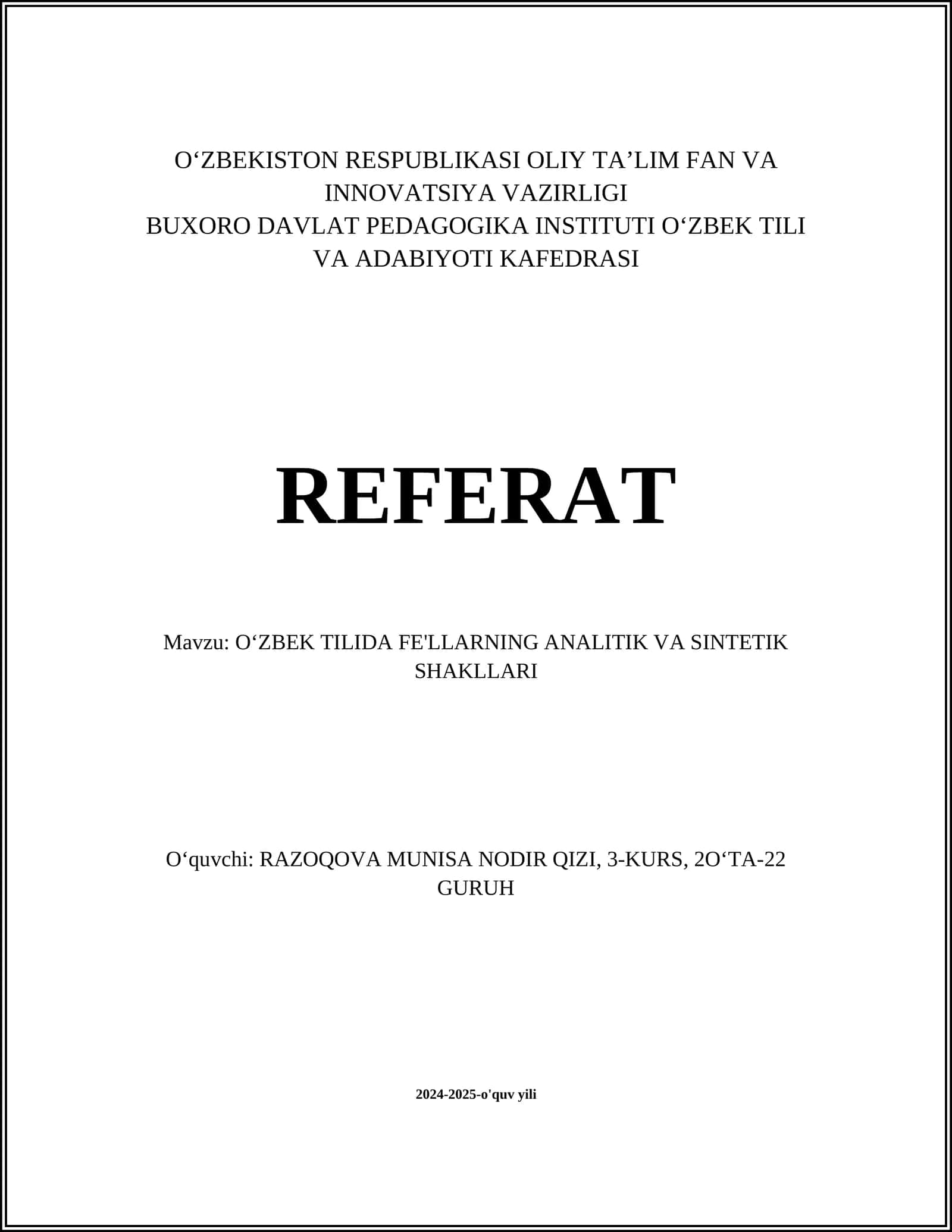OʻZBEK TILIDA FE'LLARNING ANALITIK VA SINTETIK SHAKLLARI