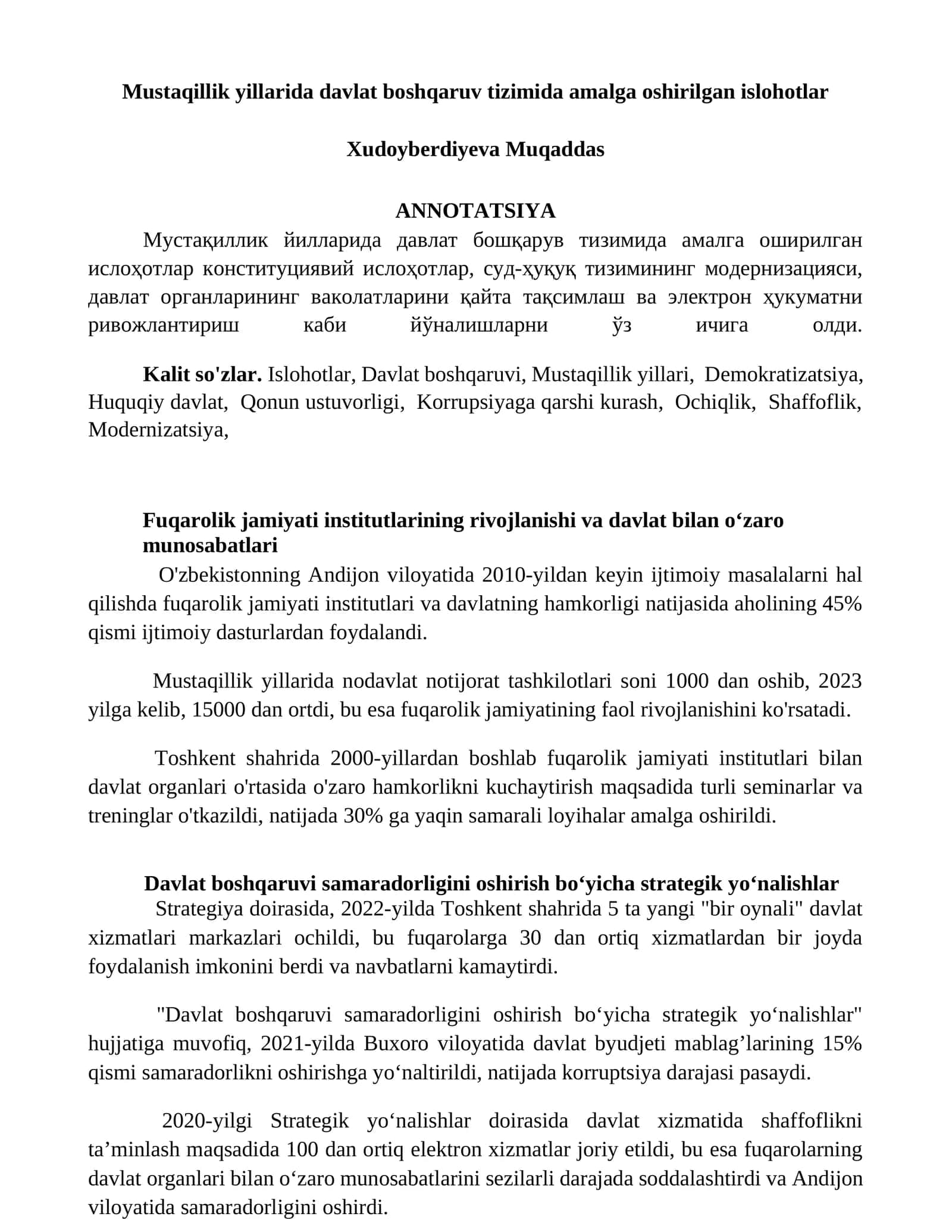 Mustaqillik yillarida davlat boshqaruv tizimida amalga oshirilgan islohotlar