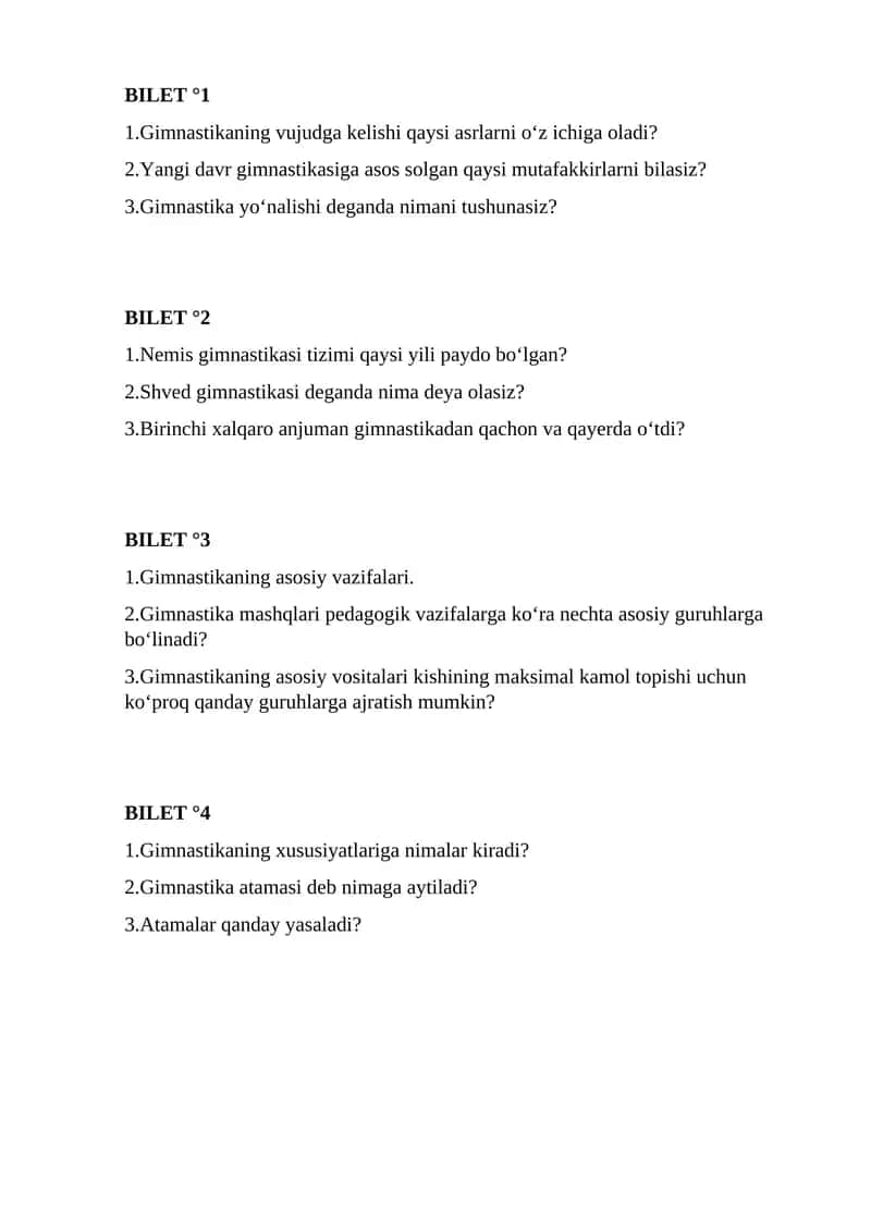 Gimnastikadan bilet topshiriqlari