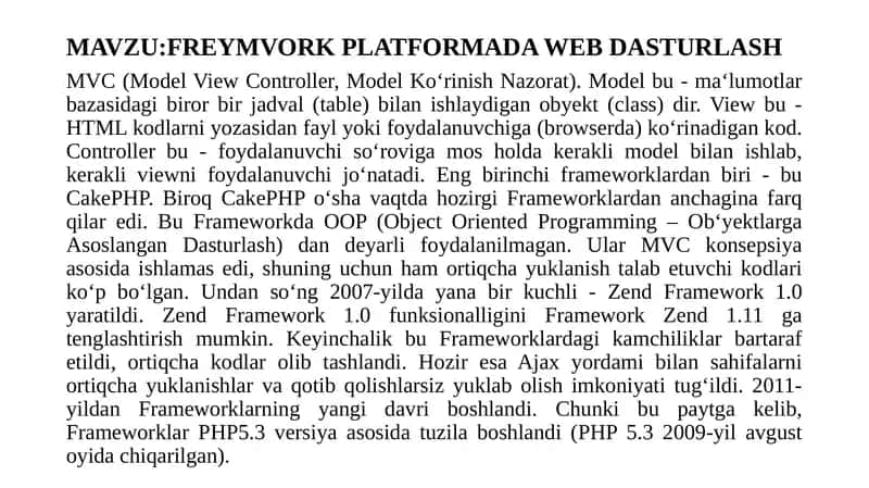 FREYMVORK PLATFORMADA WEB DASTURLASH