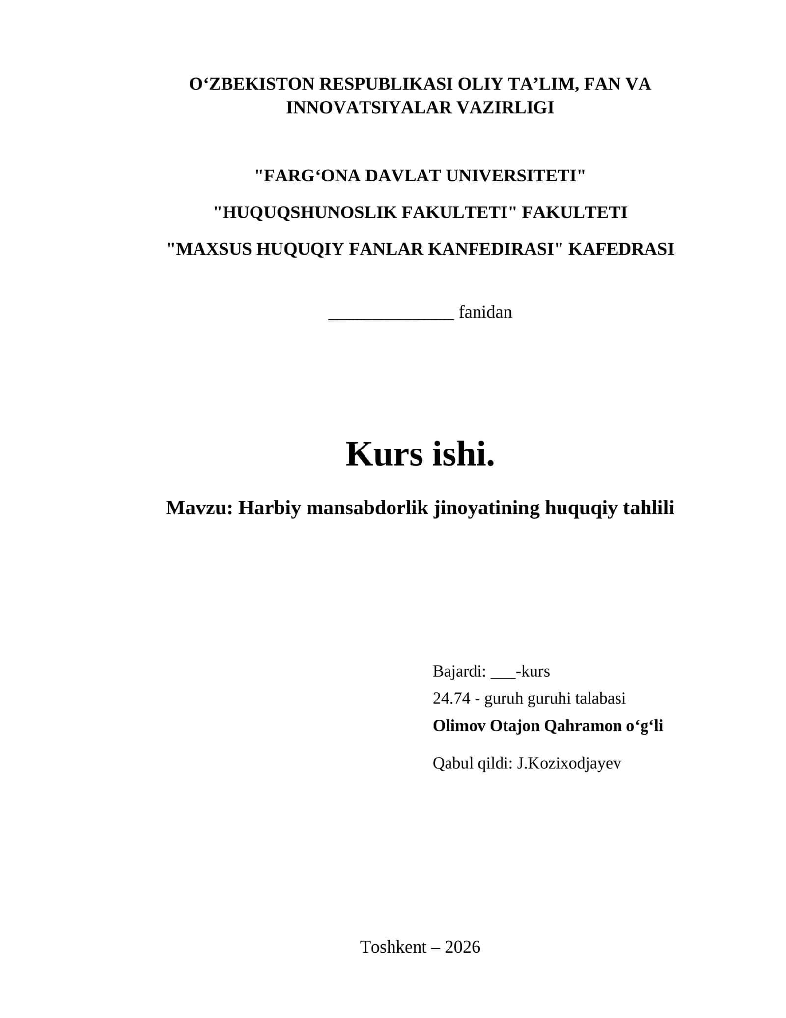 Harbiy mansabdorlik jinoyatining huquqiy tahlili