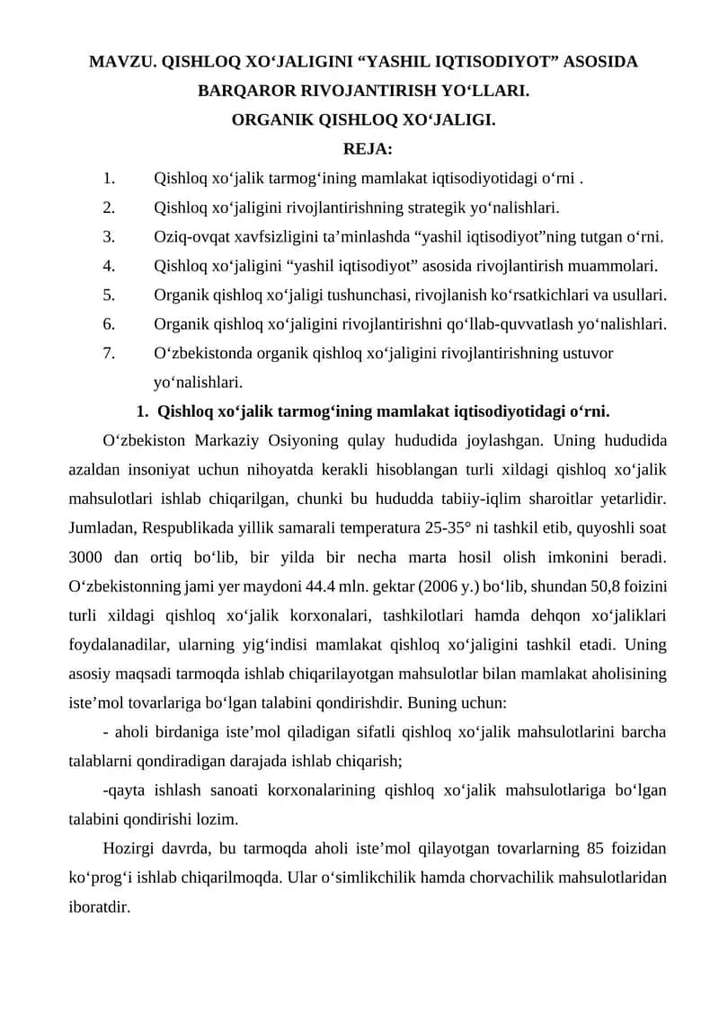 QISHLOQ XO‘JALIGINI “YASHIL IQTISODIYOT” ASOSIDA BARQAROR RIVOJANTIRISH YO‘LLARI.  ORGANIK QISHLOQ XO‘JALIGI.