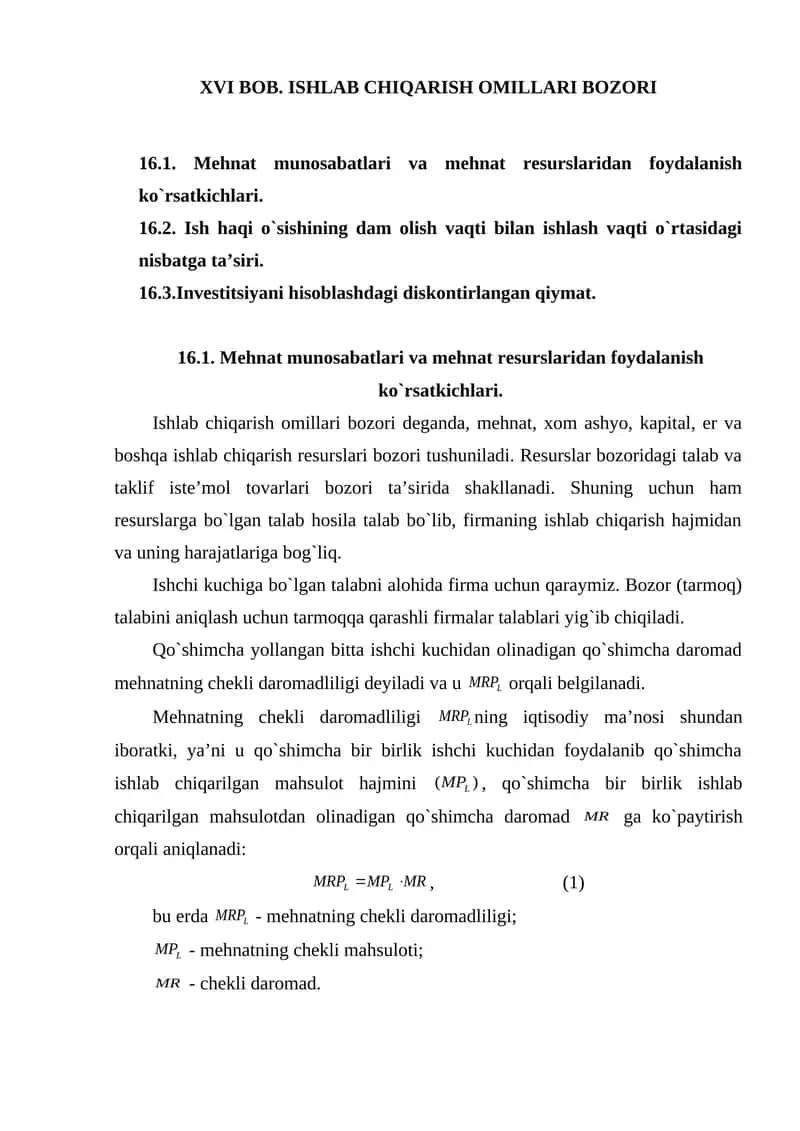 Mehnat munosabatlari va mehnat resurslaridan foydalanish ko`rsatkichlari