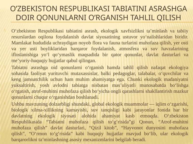 O‘zbekiston Respublikasi tabiatini asrashga doir qonunlarni o’rganish tahlil qilish