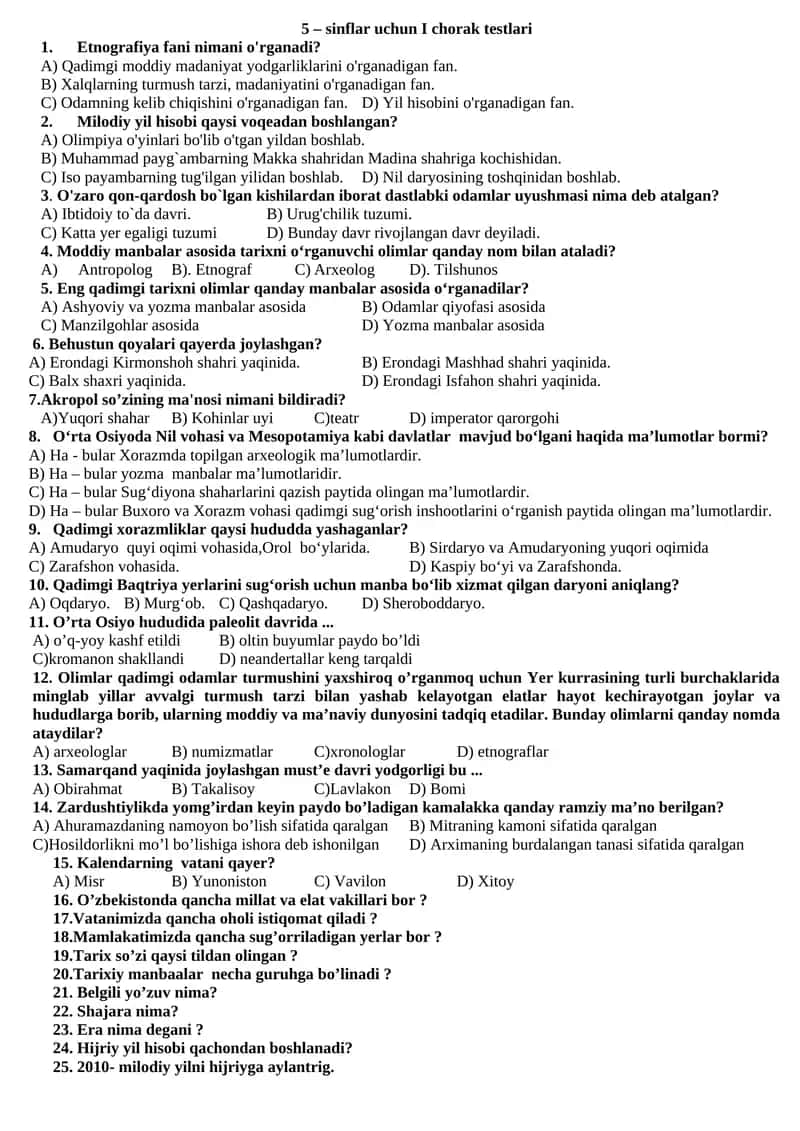 5 – sinflar uchun I chorak testlari