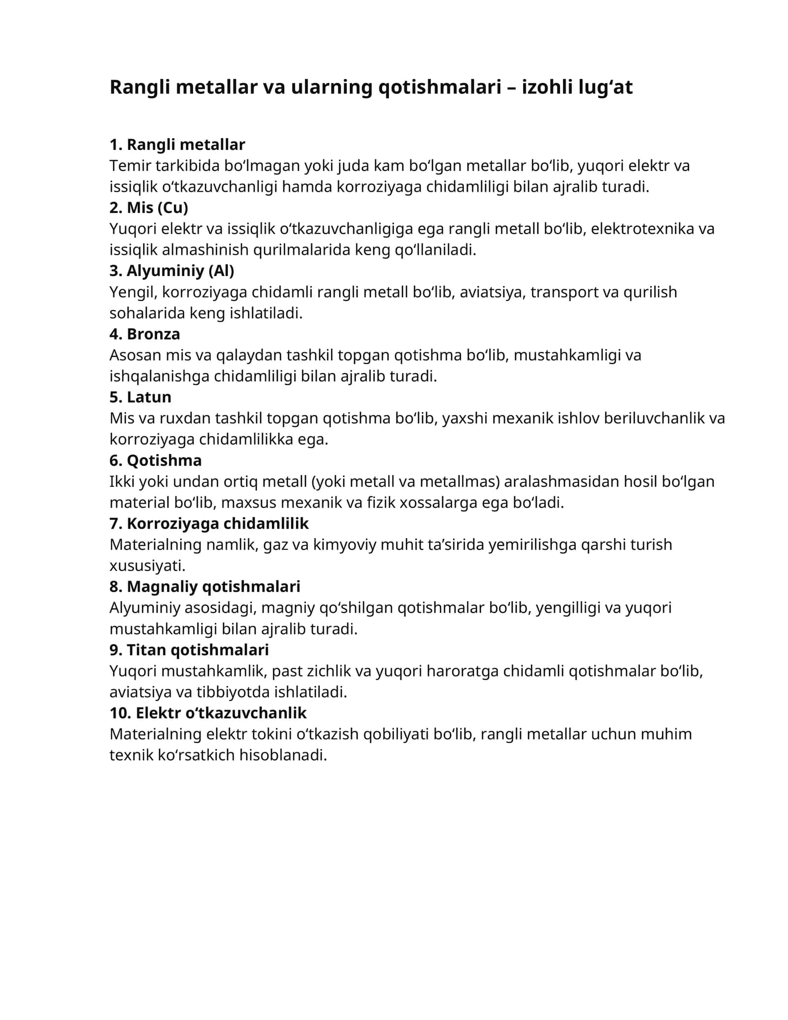 Rangli metallar va ularning qotishmalari – izohli lug‘at