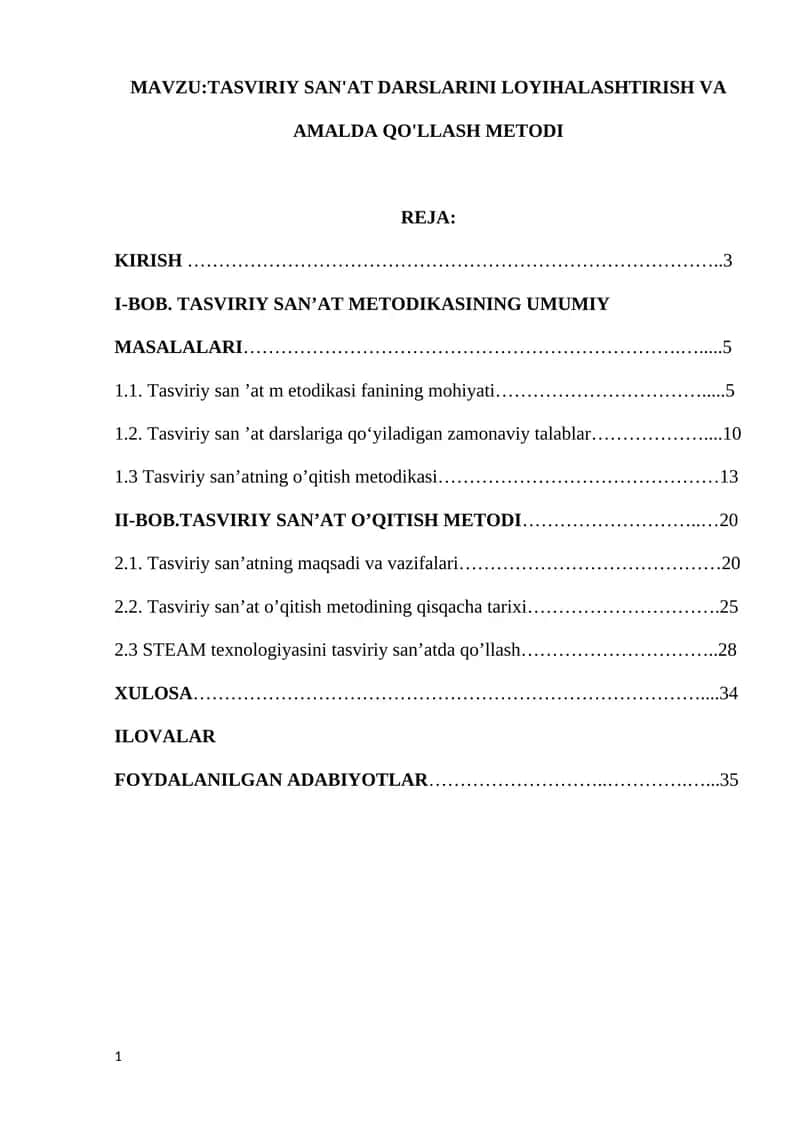 TASVIRIY SAN'AT DARSLARINI LOYIHALASHTIRISH VA AMALDA QO'LLASH METODI