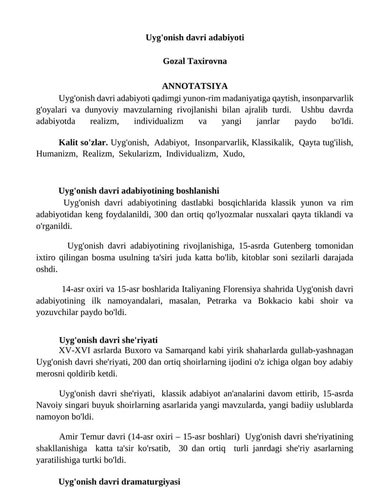 Uyg'onish davri adabiyoti