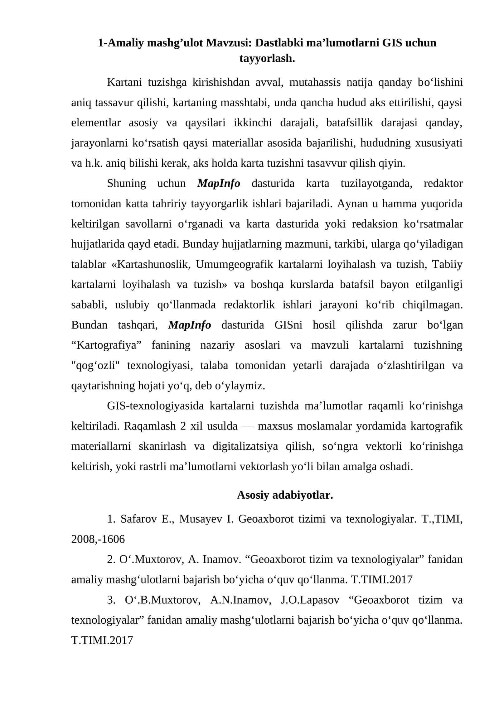 Dastlabki ma’lumotlarni GIS uchun tayyorlash