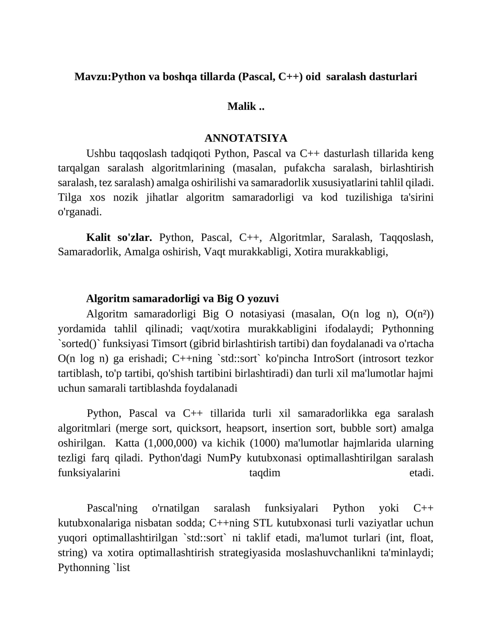 Python va boshqa tillarda (Pascal, C++) oid saralash dasturlari