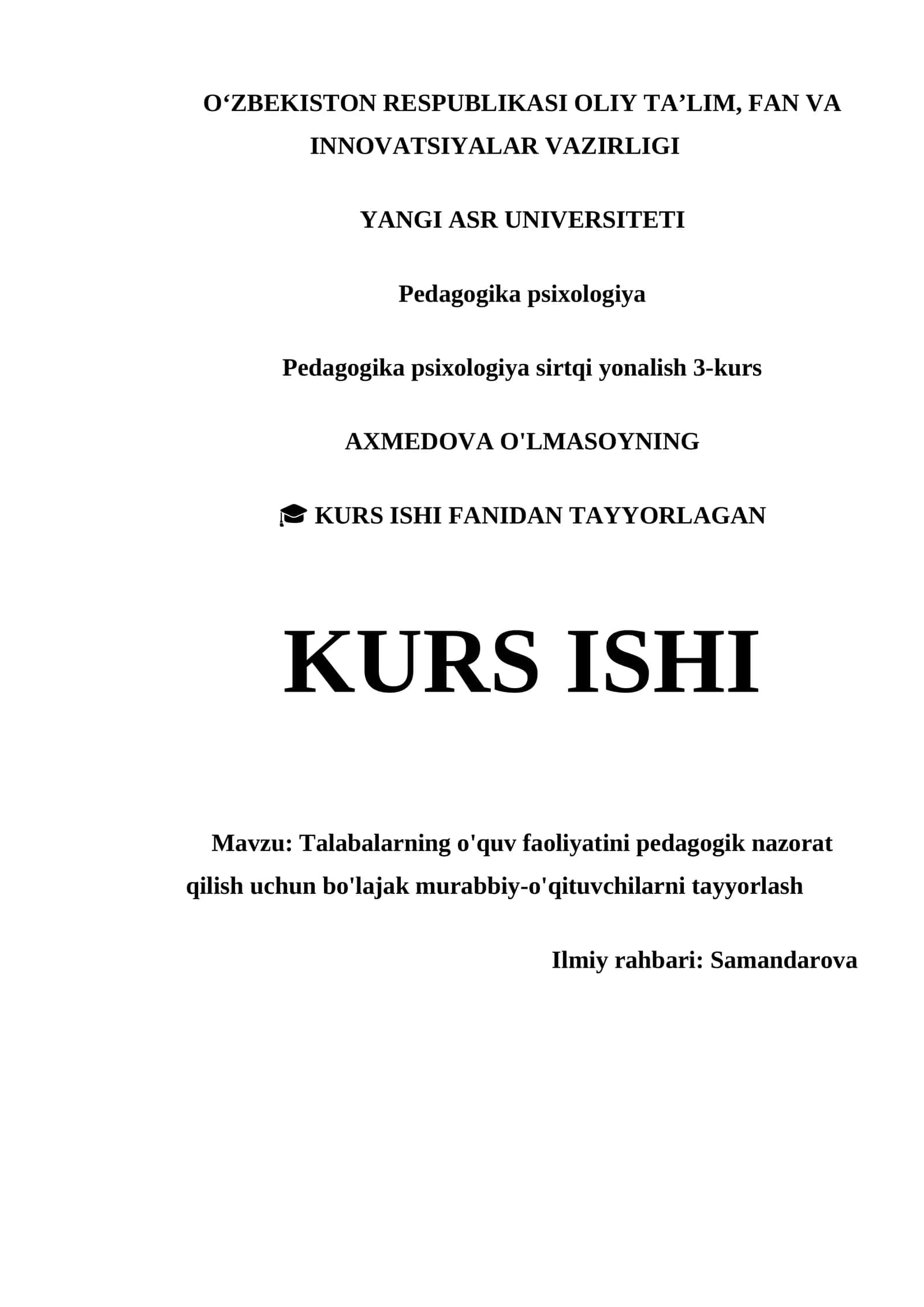 Talabalarning o'quv faoliyatini pedagogik nazorat qilish uchun bo'lajak murabbiy-o'qituvchilarni tayyorlash