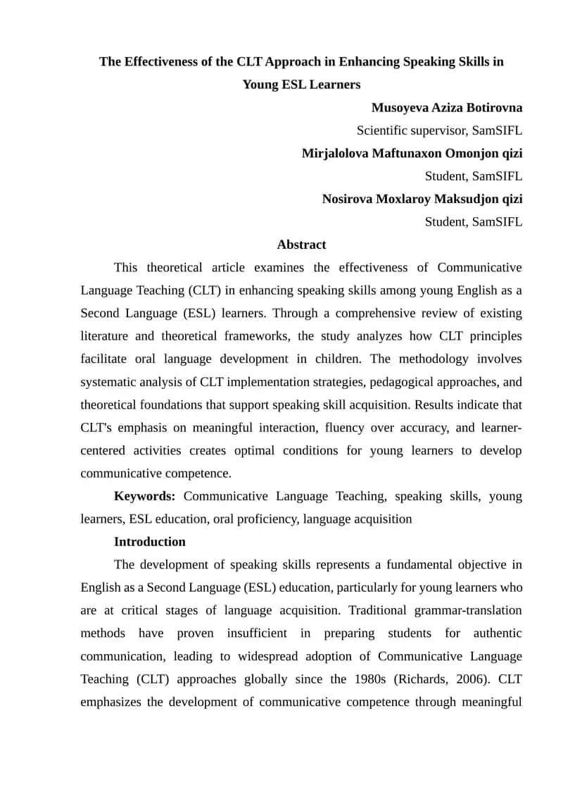 The Effectiveness of the CLT Approach in Enhancing Speaking Skills in Young ESL Learners