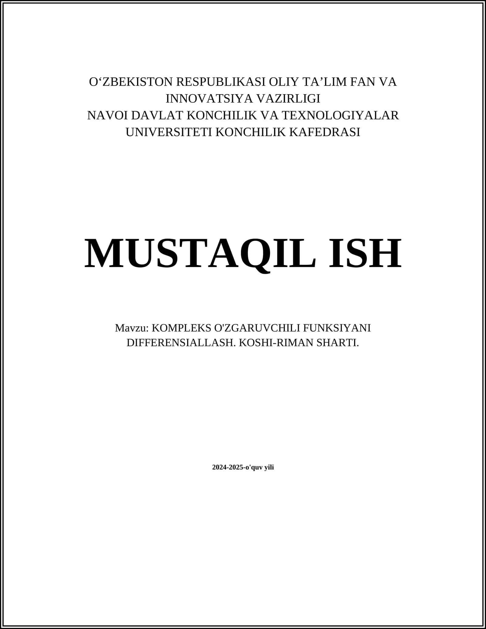 KOMPLEKS O'ZGARUVCHILI FUNKSIYANI DIFFERENSIALLASH. KOSHI-RIMAN SHARTI