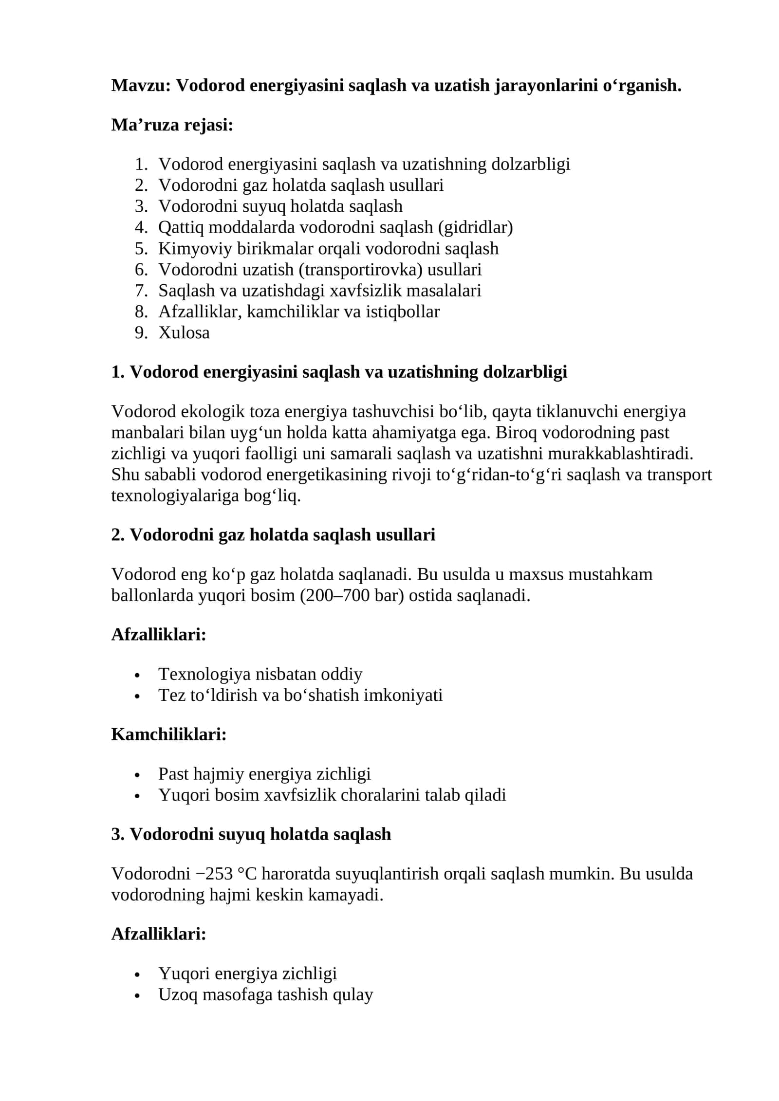 Vodorod energiyasini saqlash va uzatish jarayonlarini o‘rganish