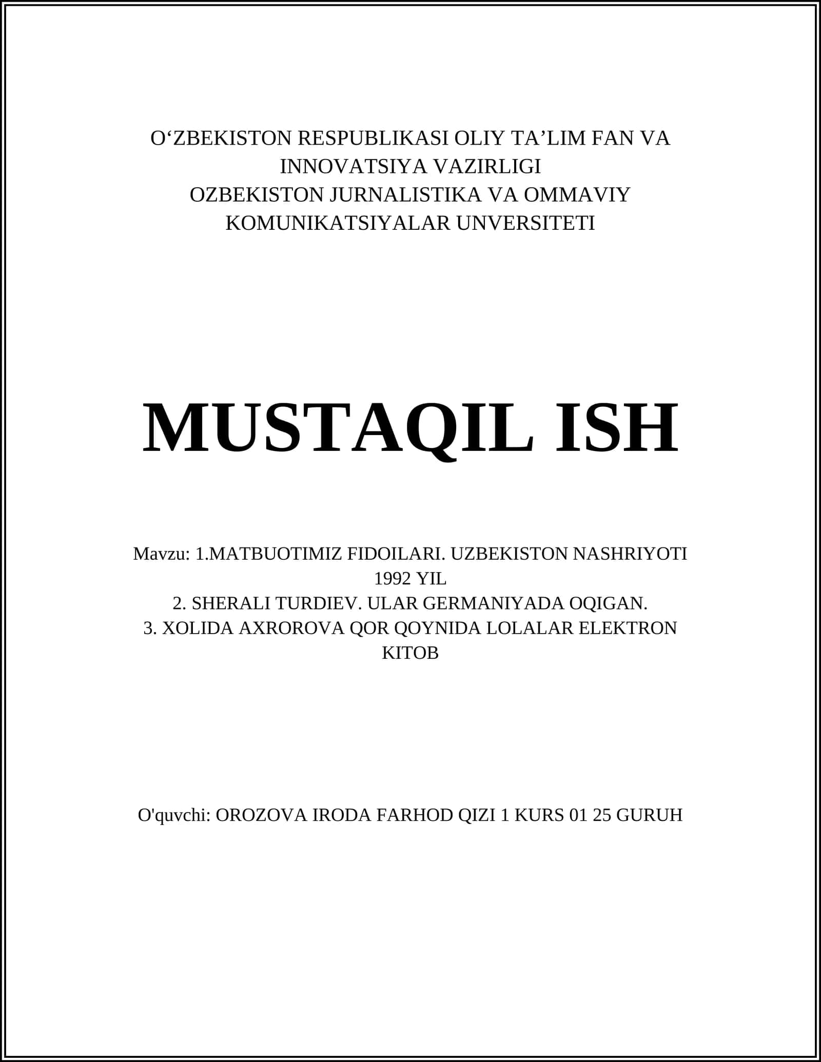 MATBUOTIMIZ FIDOILARI. UZBEKISTON NASHRIYOTI 1992 YIL