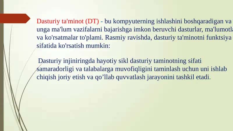 DASTURIY TA’MINOTNING HAYOTIY TAHLILI