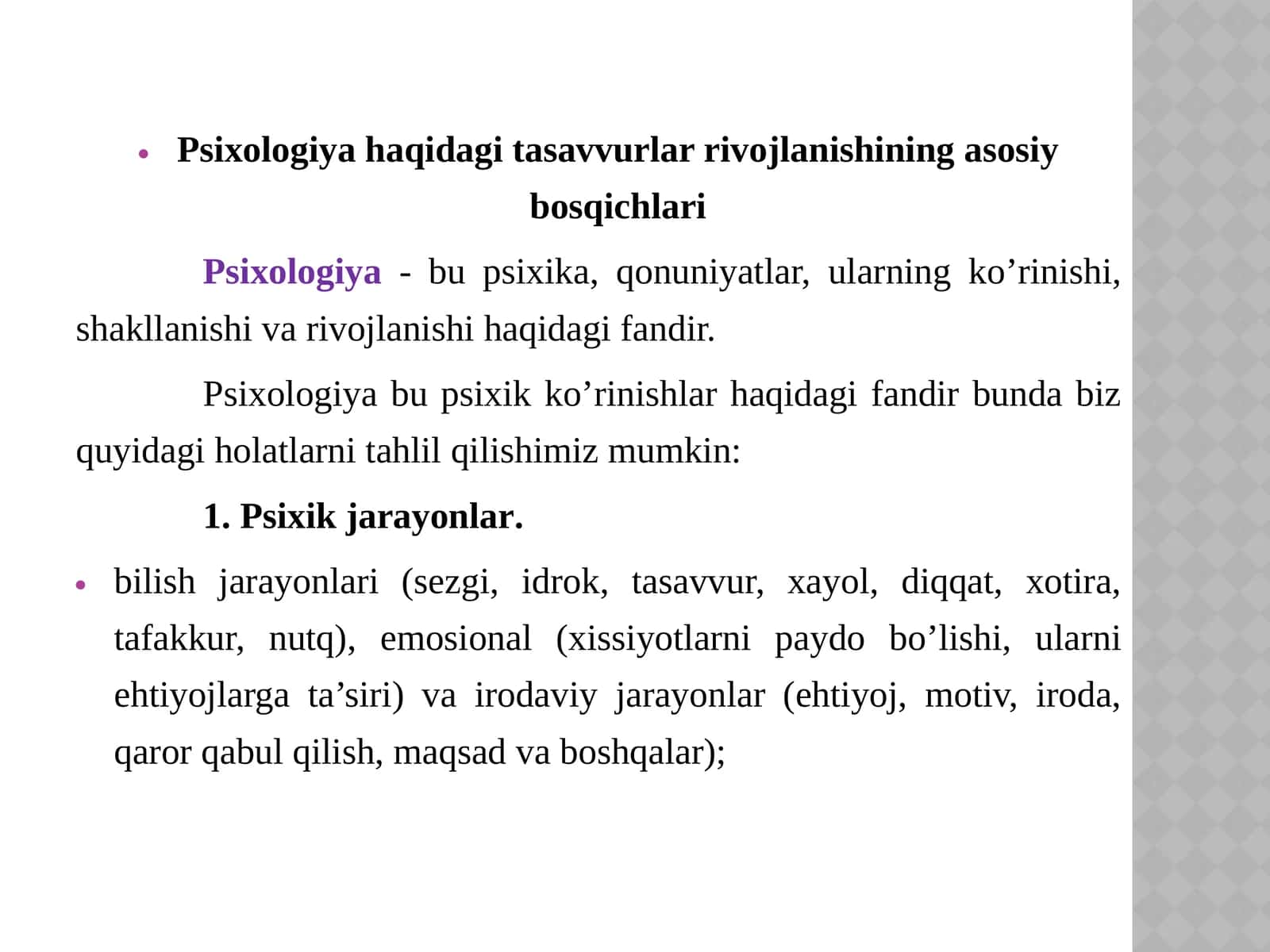 Psixologiya haqidagi tasavvurlar rivojlanishining asosiy bosqichlari