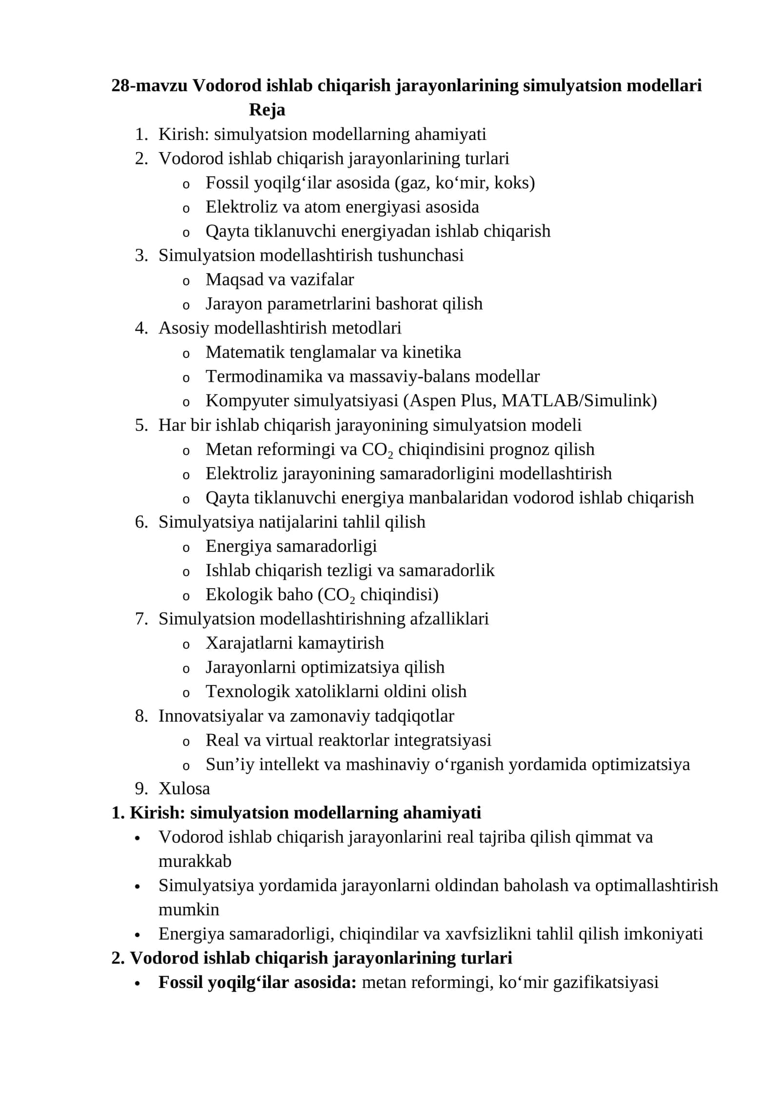 28-mavzu Vodorod ishlab chiqarish jarayonlarining simulyatsion modellari