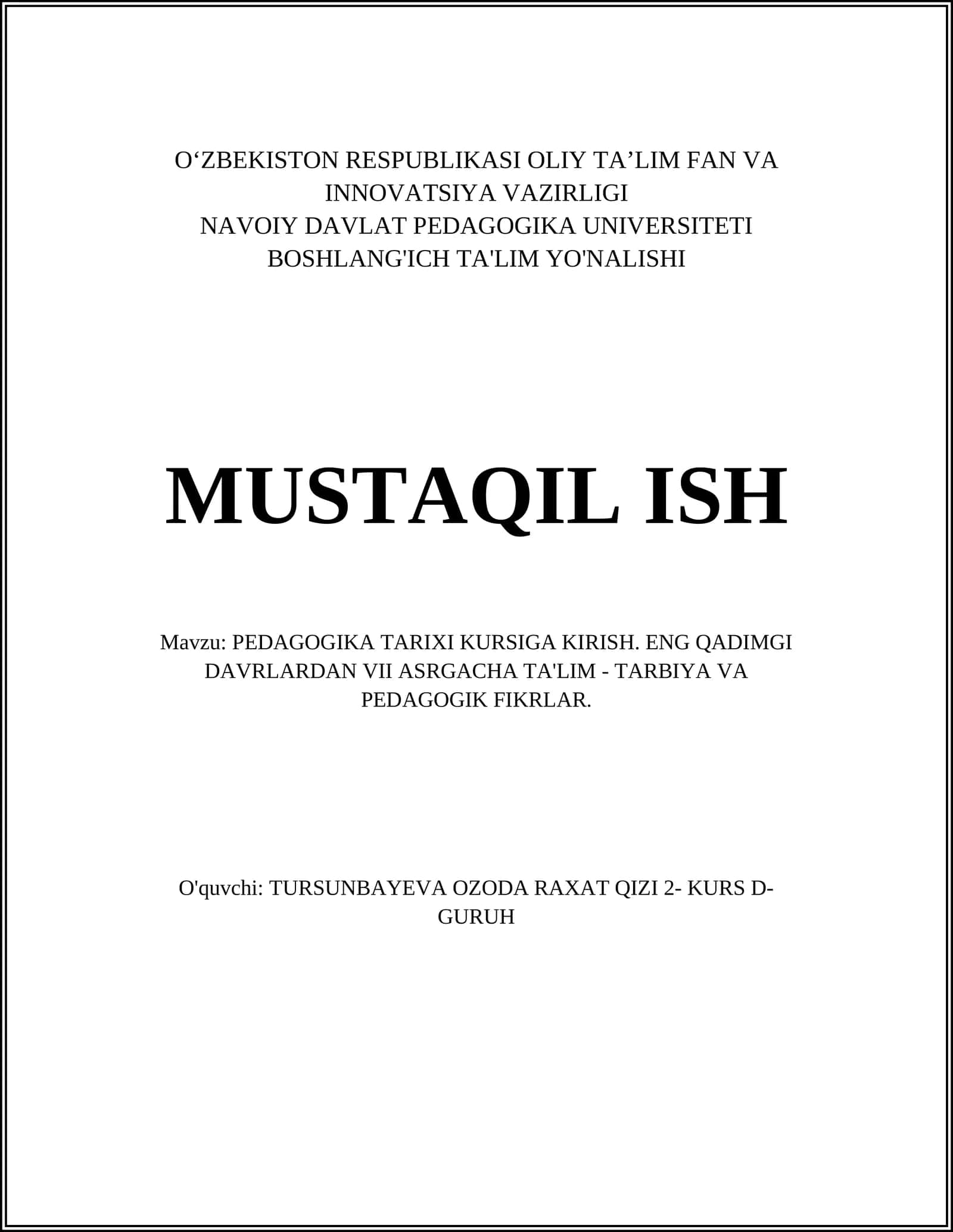 PEDAGOGIKA TARIXI KURSIGA KIRISH