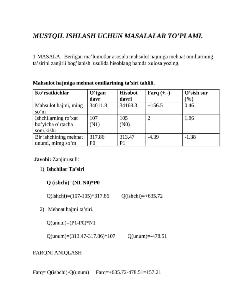 MUSTQIL ISHLASH UCHUN MASALALAR TO’PLAMI