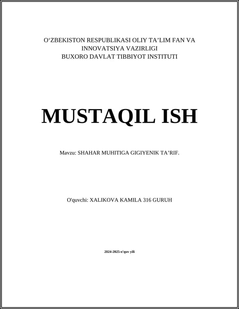 SHAHAR MUHITIGA GIGIYENIK TA’RIF
